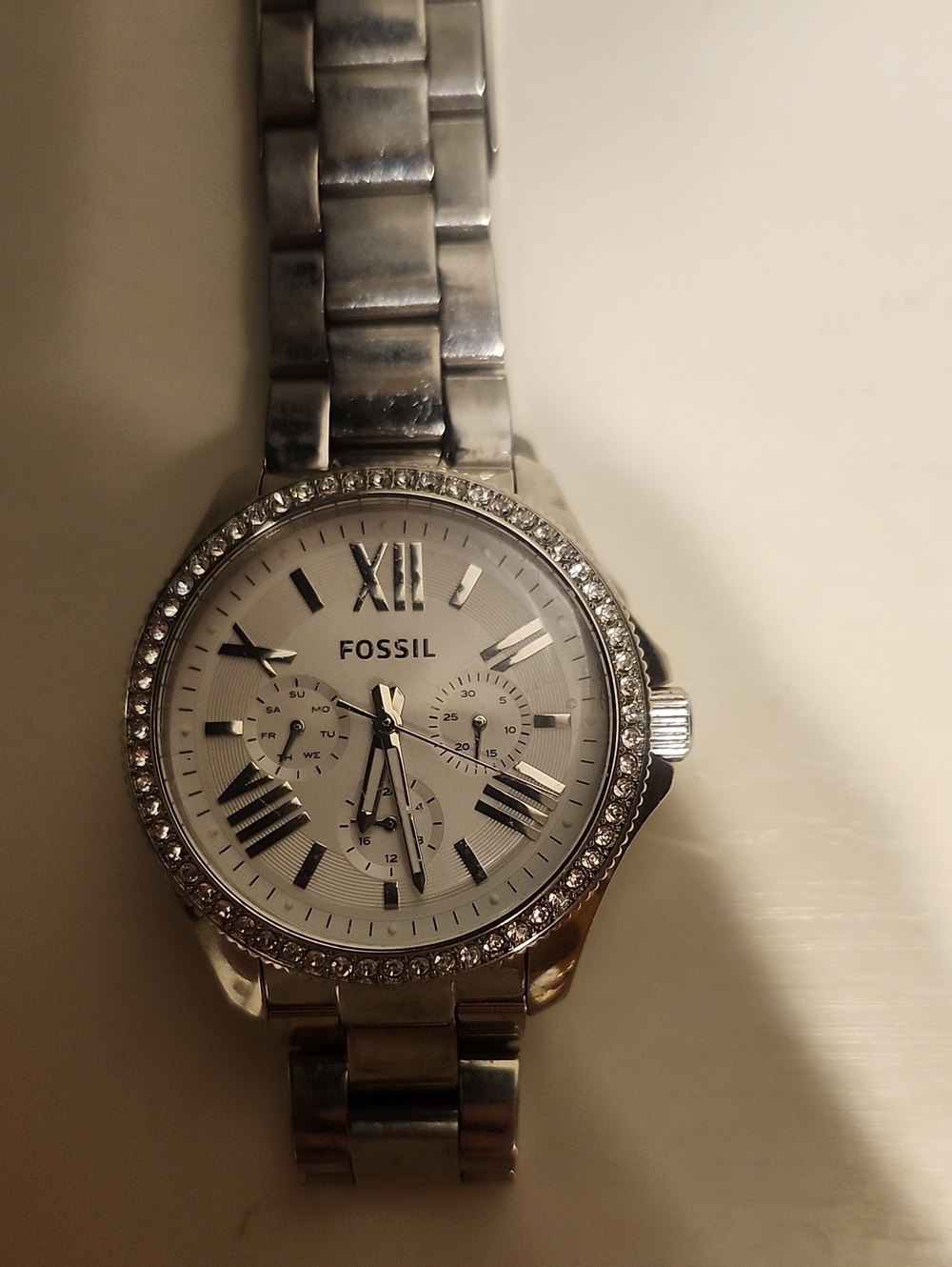 Fossil Silver Crystal-Bezel Women's Chronograph Bracelet Watch